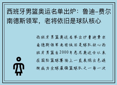 西班牙男篮奥运名单出炉：鲁迪-费尔南德斯领军，老将依旧是球队核心