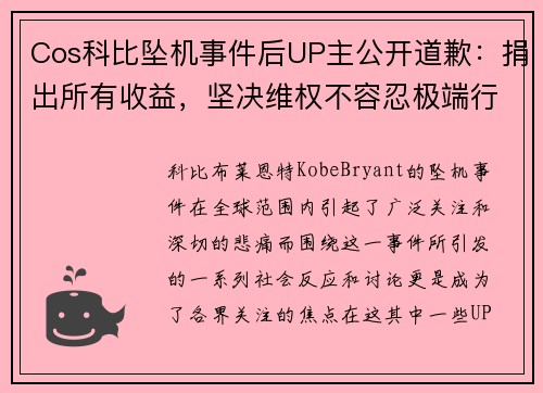 Cos科比坠机事件后UP主公开道歉：捐出所有收益，坚决维权不容忍极端行为