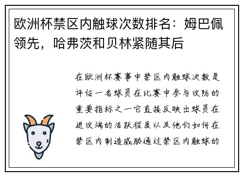 欧洲杯禁区内触球次数排名：姆巴佩领先，哈弗茨和贝林紧随其后
