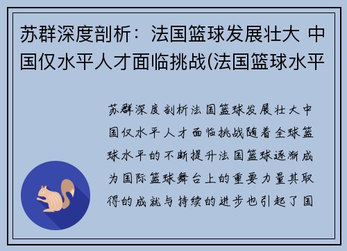 苏群深度剖析：法国篮球发展壮大 中国仅水平人才面临挑战(法国篮球水平怎么样)