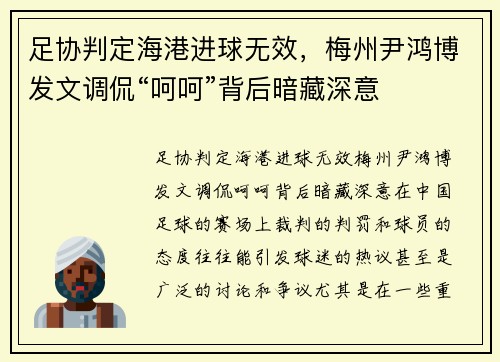 足协判定海港进球无效，梅州尹鸿博发文调侃“呵呵”背后暗藏深意