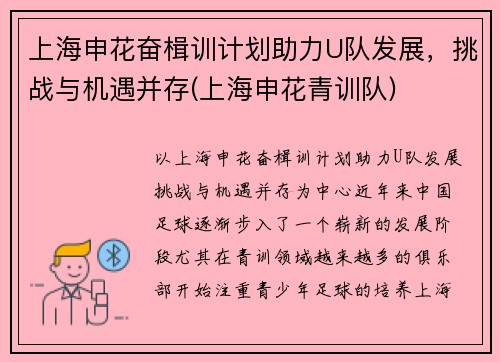 上海申花奋楫训计划助力U队发展，挑战与机遇并存(上海申花青训队)